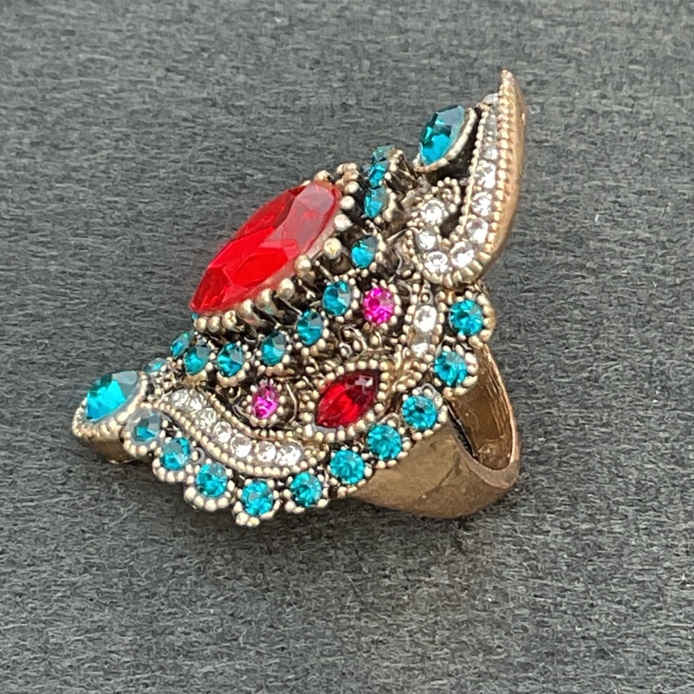 Vintage Turkish Red Crystal Turquoise CZ Statement Ring Gold Rare Luxe Boho - Picture 3 of 9